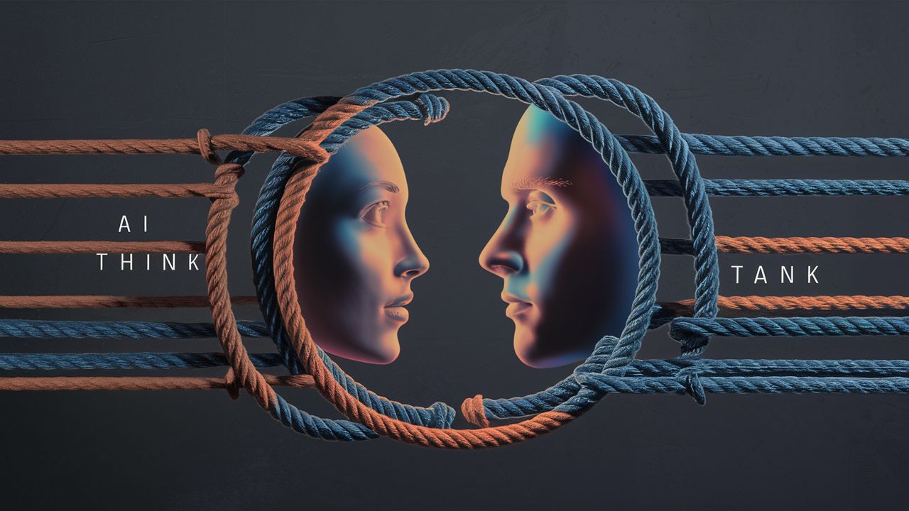 AI Think Tank – Raum für kreativen Austausch Zwei Profilgesichter blicken sich durch verschlungene Seile in Blau und Orange an. Links steht 'AI THINK', rechts 'TANK' - symbolisiert Vernetzung und Dialog im Kontext eines Denklabors.