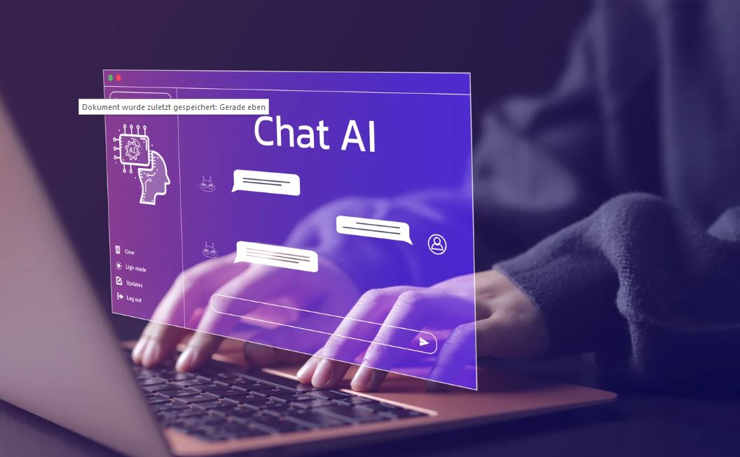 Hände tippen auf einem Laptop mit einem leuchtenden violetten Chat-AI-Interface, das Nachrichten und ein Gehirn-Symbol zeigt - symbolisiert den Einsatz generativer künstlicher Intelligenz als Werkzeug in der Softwareentwicklung.
