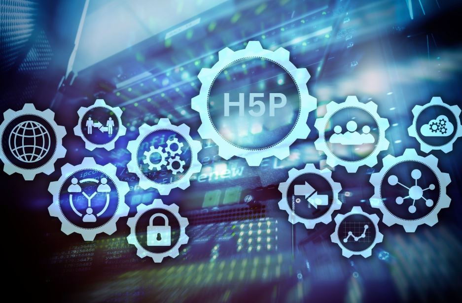 Digitaler Hintergrund mit vernetzten Zahnrädern, die verschiedene Icons enthalten - darunter 'H5P' im zentralen Zahnrad, umgeben von Symbolen für Sicherheit, Globus, Netzwerke und Datenanalyse - symbolisiert interaktive Technologien und digitale Werkzeuge für die Lehre.