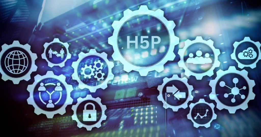 Digitaler Hintergrund mit vernetzten Zahnrädern, die verschiedene Icons enthalten - darunter 'H5P' im zentralen Zahnrad, umgeben von Symbolen für Sicherheit, Globus, Netzwerke und Datenanalyse - symbolisiert interaktive Technologien und digitale Werkzeuge für die Lehre.