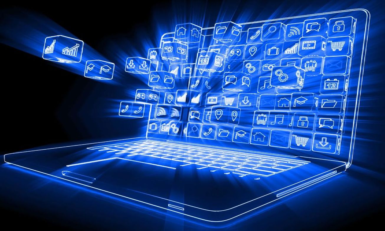 Ein geöffnetes Laptop auf dessen Display unterschiedliche Symbole für Tools, Medien, Technik in Form von Würfeln zu sehen sind.Leuchtend blaue Darstellung eines Laptops, aus dessen Bildschirm zahlreiche App-Icons und digitale Symbole herausströmen - symbolisiert die Vielfalt digitaler Tools und Anwendungen für moderne Lehrmethoden.