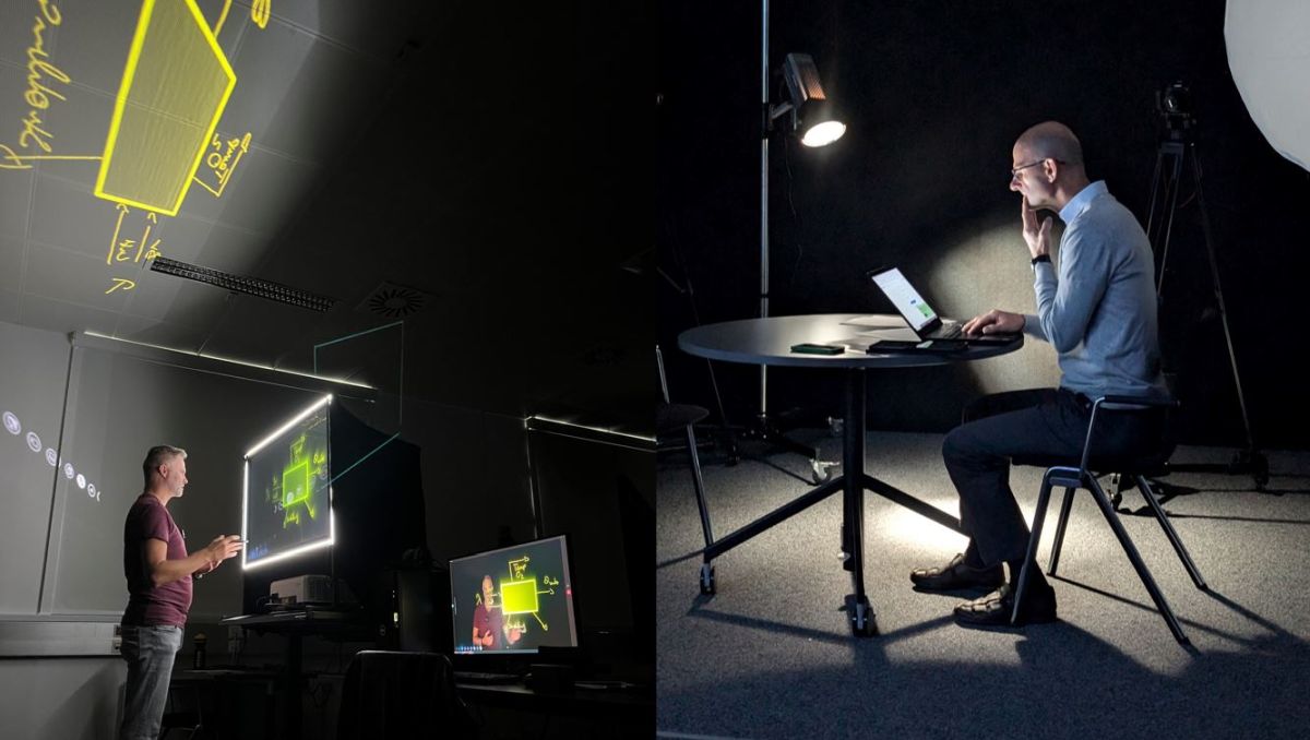 Geteilte Szene: Links präsentiert ein Mann an einem Bildschirm mit fluoreszierenden Grafiken, rechts arbeitet ein anderer Mann konzentriert an einem Laptop unter einer Schreibtischlampe. Das Bild zeigt verschiedene Lehr- und Lernszenarien im digitalen Kontext.