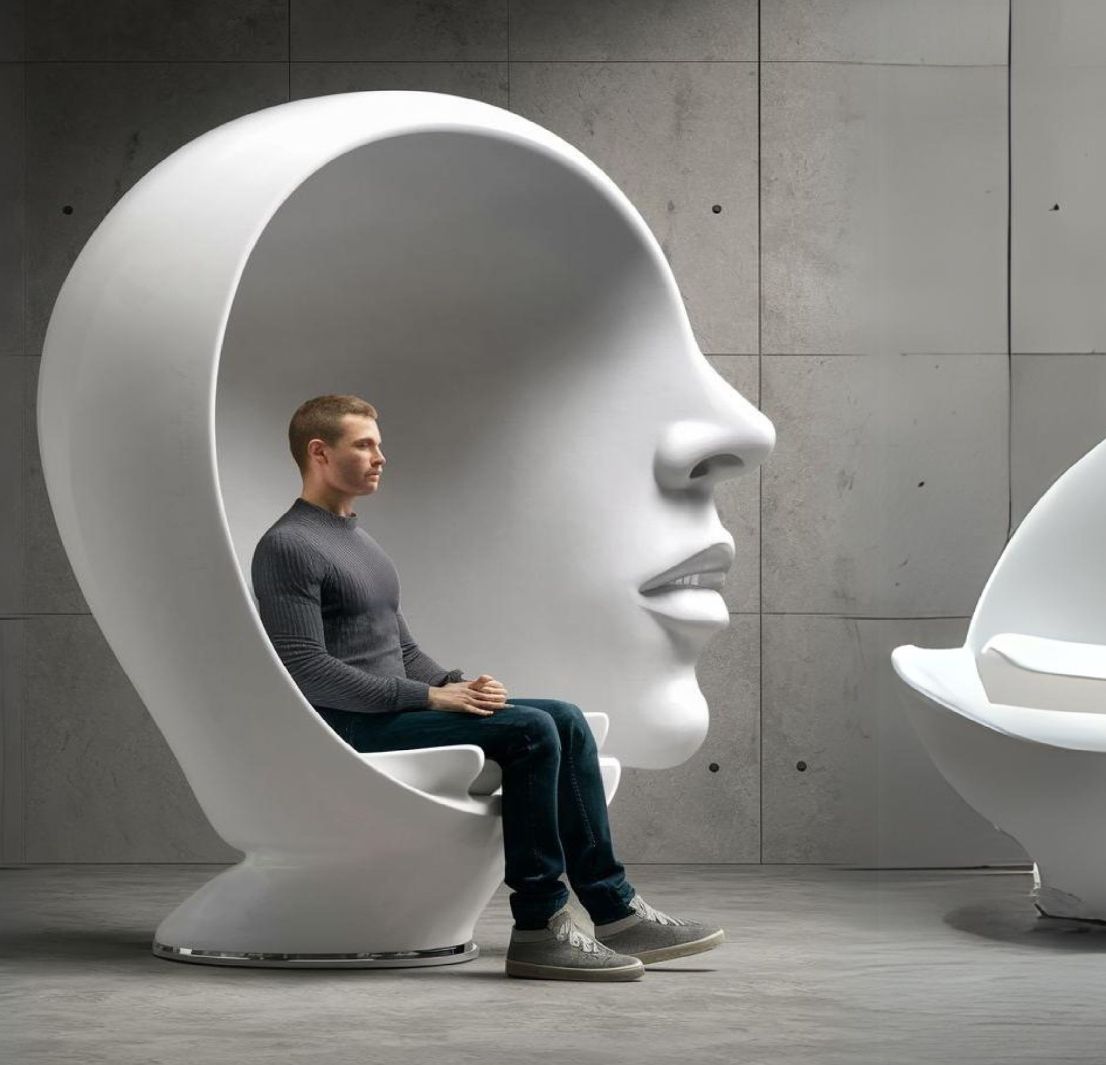 HDW Modul 3: Anwendung und Profilbildung Mann sitzt in einem futuristischen Sessel in Form eines menschlichen Kopfprofils vor Betonwand - symbolisiert Reflexion, innovative Denkräume und persönliche Profilbildung im Rahmen der hochschuldidaktischen Weiterbildung.