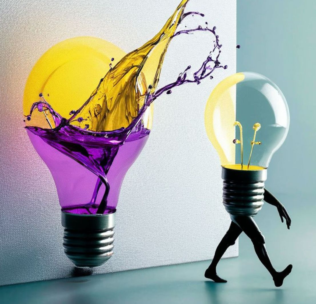 HDW Modul 2: Vertiefung und Erweiterung Eine animierte Glühbirne mit Beinen läuft neben einer zerbrochenen Glühbirne, aus der gelbe und violette Flüssigkeiten spritzen - symbolisiert den Kontrast zwischen kreativen Ideen und konventionellem Denken in der Hochschuldidaktik