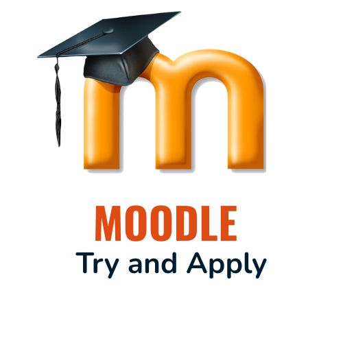 Orange Moodle-Logo mit schwarzem Doktorhut darüber und dem Text 'MOODLE Try and Apply' - symbolisiert praxisorientiertes Lernen und die Anwendung von Moodle-Kompetenzen in der Hochschullehre.