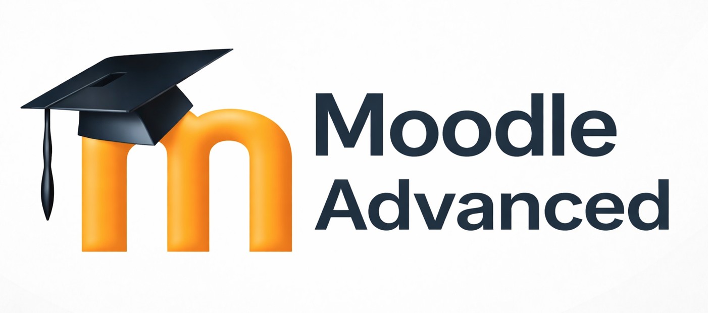 Oranges Moodle-Logo mit schwarzem Doktorhut und dem Text 'Moodle Advanced' - symbolisiert fortgeschrittene Funktionen und professionelle Kursgestaltung auf der Lernplattform Moodle für selbstgesteuertes Lernen.