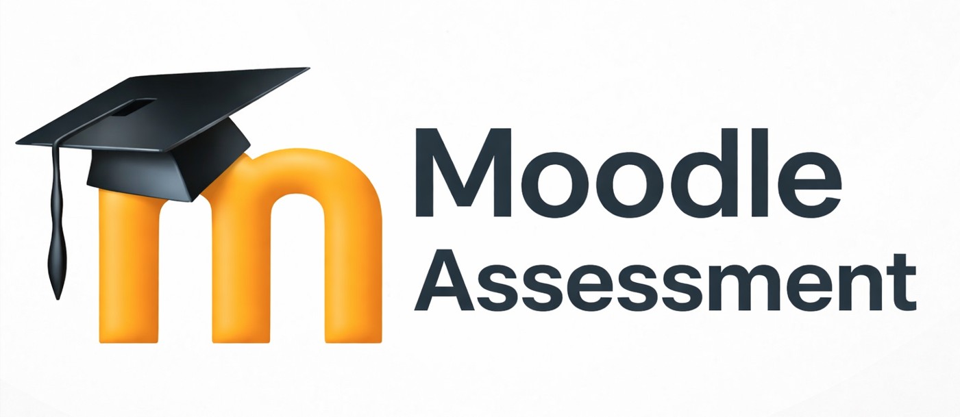 Oranges Moodle-Logo mit schwarzem Doktorhut und dem Text 'Moodle Assessment' - symbolisiert digitale Prüfungsformate und die Gestaltung von Leistungsfeststellungen über die Lernplattform Moodle.
