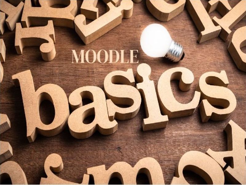 Holzbuchstaben auf Holzuntergrund bilden das Wort 'basics' mit dem Schriftzug 'MOODLE' darüber, daneben eine leuchtende Glühbirne - symbolisiert die Grundlagen der Lernplattform Moodle als Ausgangspunkt für digitale Lehre.