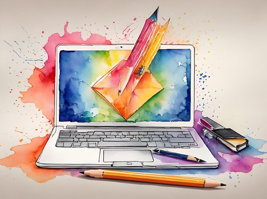 Was ist Learning Design Laptop mit buntem, kreativem Bildschirminhalt, umgeben von Malutensilien wie Pinseln und Farbtuben in verschiedenen Farben - symbolisiert die kreative und methodische Gestaltung von Lernprozessen im Learning Design.