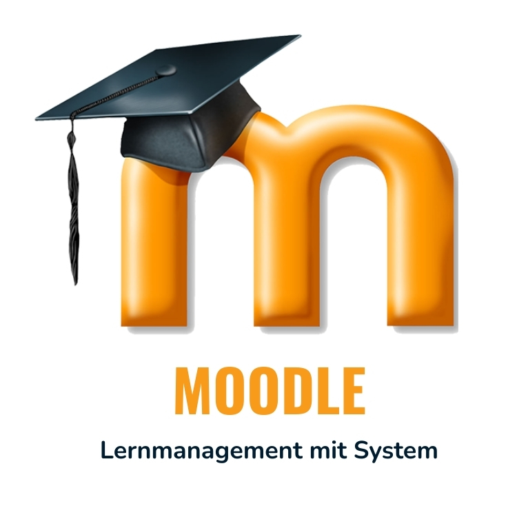 Orange Moodle-Logo mit schwarzem Doktorhut und dem Text 'MOODLE Lernmanagement mit System' - symbolisiert systematisches digitales Lehren und strukturiertes Lernmanagement über die Moodle-Plattform.