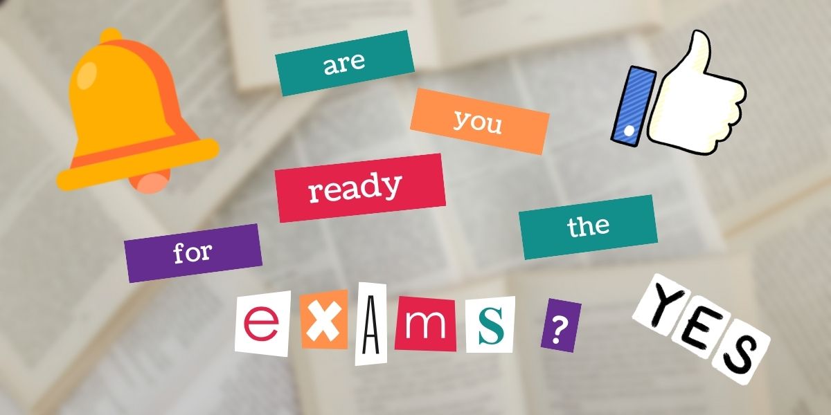 Bunte Textbausteine bilden die Frage 'are you ready for the exams?' mit einer Glocke, Daumen-hoch-Symbol und Fragezeichen - symbolisiert Vorbereitung, Motivation und professionelle Gestaltung mündlicher Prüfungen.