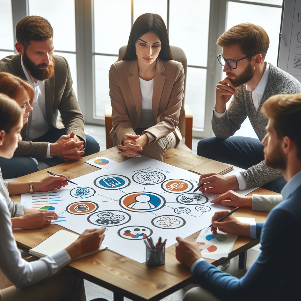 Gruppe von Personen sitzt um einen Tisch mit einer großen Übersicht verschiedener Icons und Symbole, die in Kreisen angeordnet sind - symbolisiert strukturierte Zusammenarbeit, Reflexion und gegenseitigen Erfahrungsaustausch in der kollegialen Supervision.