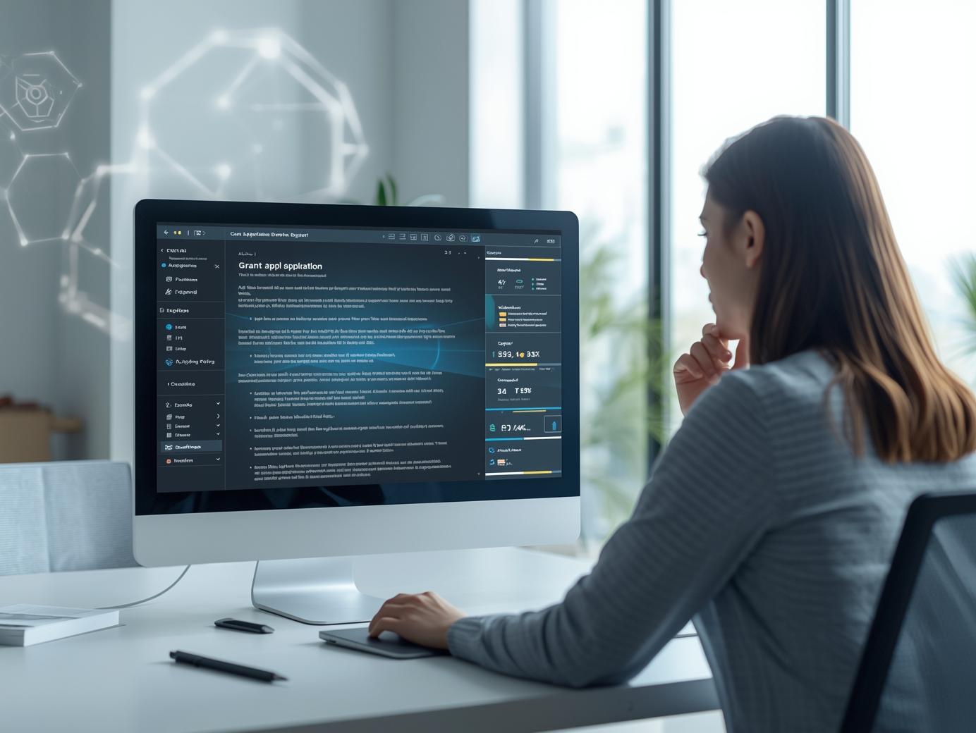 Das Bild zeigt eine Frau vor einem Bildschirm sitzend, wie sie KI-Tools für die Erstellung von Förderanträgen und wissenschaftlichen Texten unterstützend nützt.