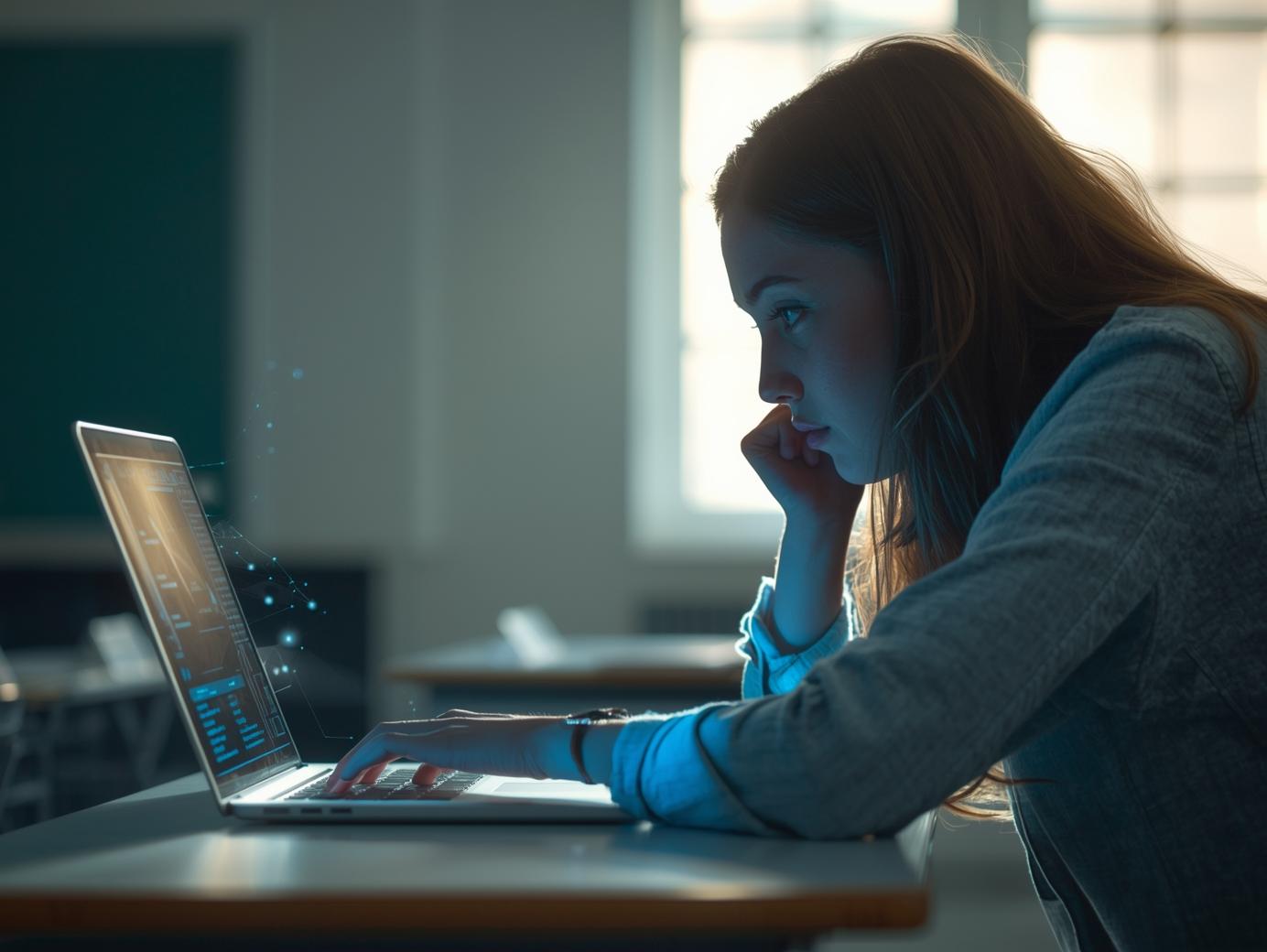 Frau sitzt nachdenklich vor einem Laptop und stützt den Kopf auf die Hand - symbolisiert die Herausforderungen und Überlegungen bei der Gestaltung prüfungsimmanenter Lehrveranstaltungen im Zeitalter künstlicher Intelligenz.