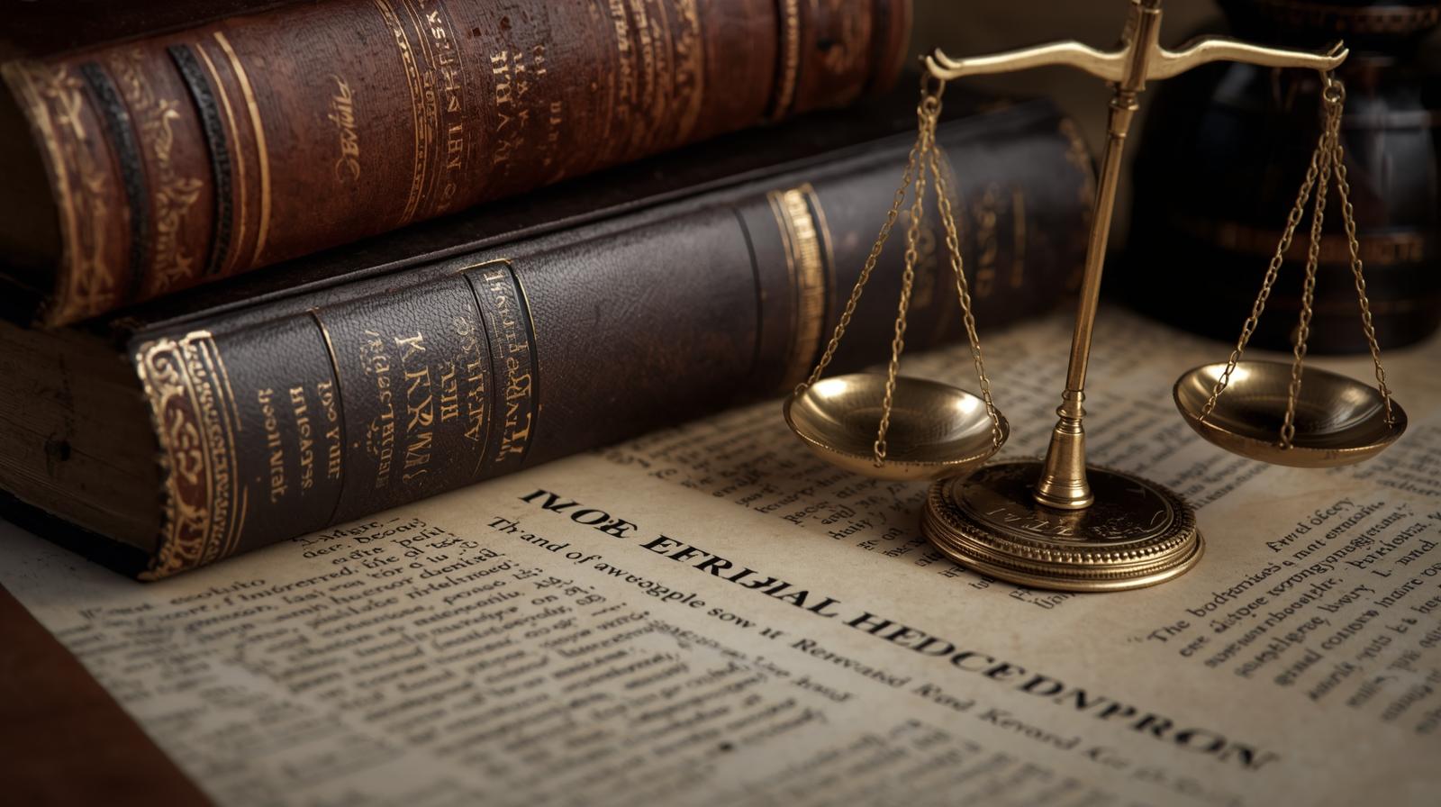 Goldene Waage der Gerechtigkeit steht neben antiken Gesetzbüchern und einem aufgeschlagenen juristischen Dokument - symbolisiert Rechtssicherheit, faire Bewertung und die rechtlichen Grundlagen des Prüfungsrechts im Fachhochschulbereich.