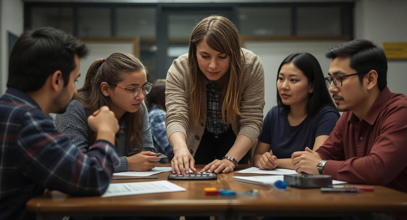 Gruppe von sechs Studierenden sitzt konzentriert um einen Tisch, eine Frau in der Mitte zeigt auf gemeinsame Unterlagen, alle blicken fokussiert auf die Arbeitsmaterialien - symbolisiert kollektive Reflexion, Wissensintegration und die gemeinsame Verarbeitung von Lerninhalten für nachhaltigen Transfer.