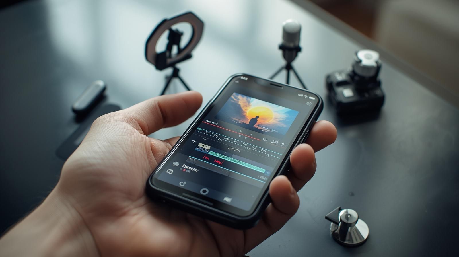Hand hält Smartphone mit einer Video-Editing-App auf dem Display, im Hintergrund Ringlicht, Mikrofon und weitere Video-Ausrüstung auf kleinen Stativen - symbolisiert mobiles Videostudio und die Produktion professioneller Lehrvideos mit dem Smartphone.