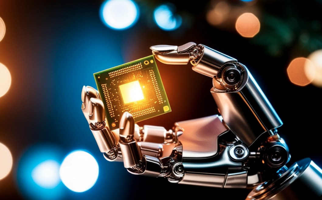 Roboterhand aus Metall hält einen leuchtenden Computerchip vor unscharfem Hintergrund mit bunten Lichtpunkten - symbolisiert die Entwicklung und den Aufbau individueller KI-gestützter Assistenten für die Hochschullehre.